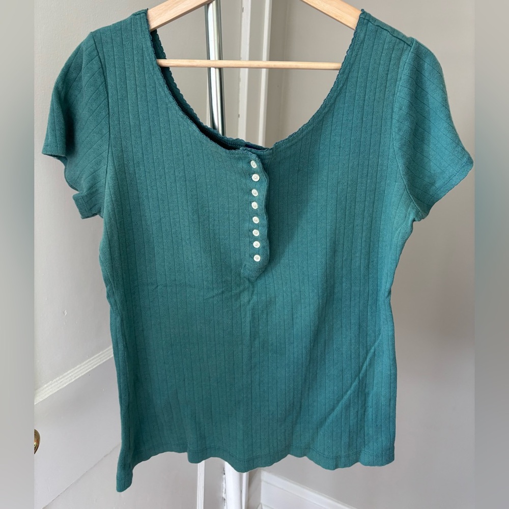 Vintage  GAP 100% Cotton Teal Ribbed Henley Short Sleeve Button-Front Top Sz Lg